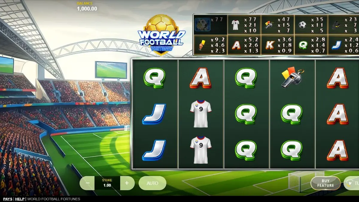 Tampilan visual slot World Football Fortunes dengan latar belakang stadion sepak bola.