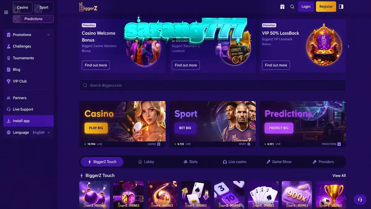 Antarmuka seluler platform BiggerZ yang menampilkan berbagai opsi permainan kasino dan taruhan